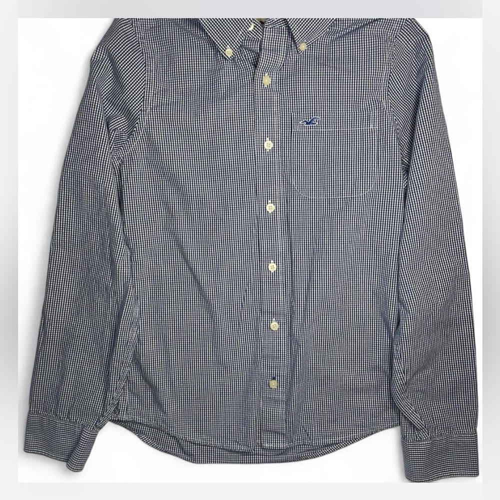 Hollister Navy and White Gingham Long-Sleeve Button-Down Shirt